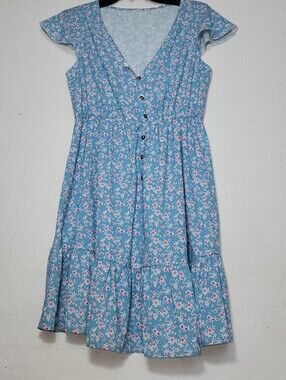Women's Light Blue Floral Button-Front Mini Dress